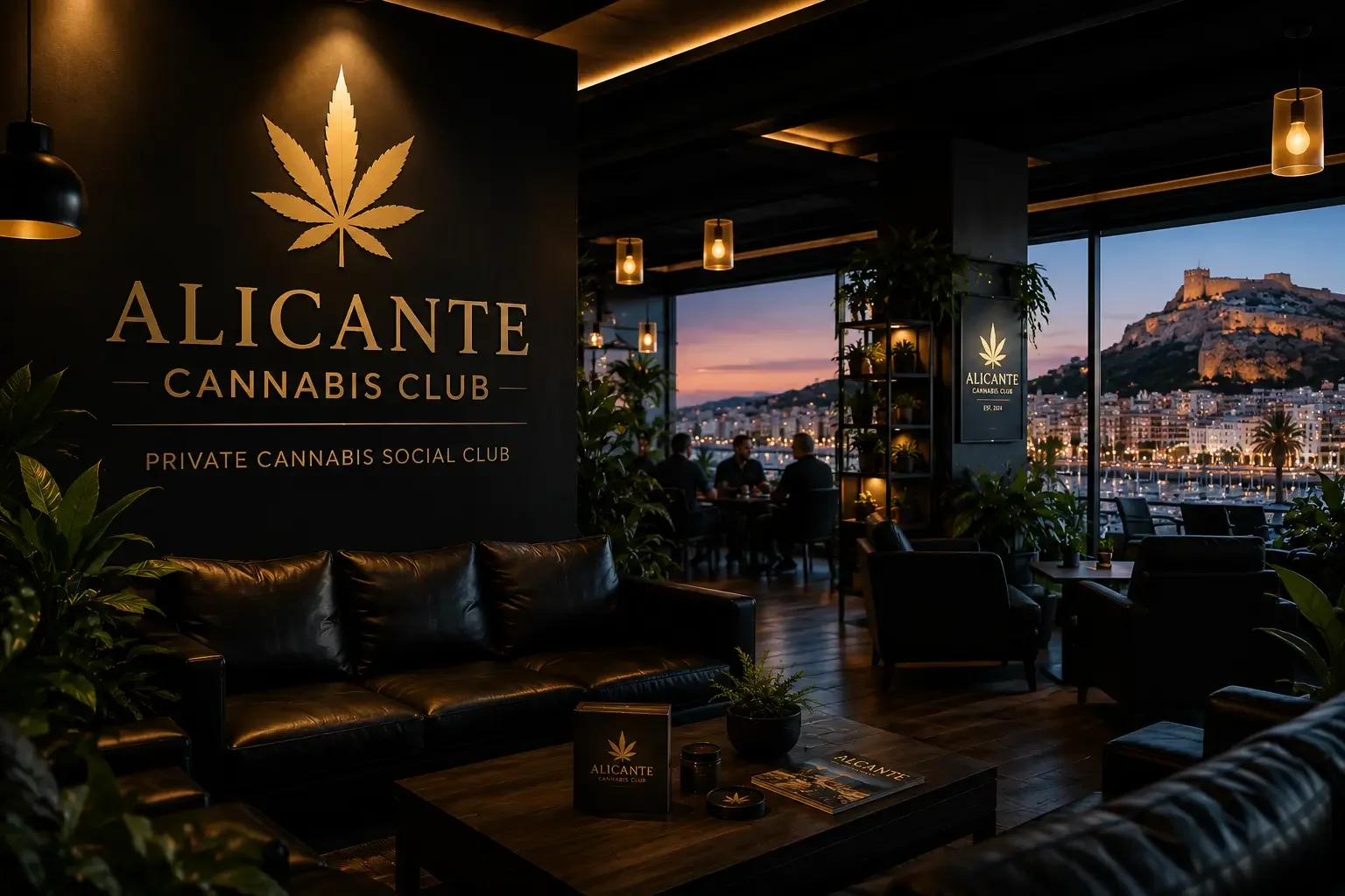 Interior of Alicante Cannabis Club — warm ambient lighting, comfortable seating, and relaxed atmosphere